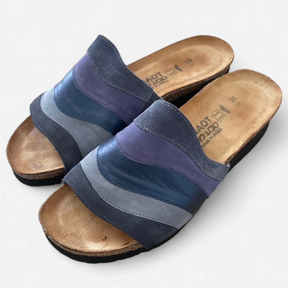 NAOT Curved Multi-Panel Blue and Purple Leather Slide Sandals
